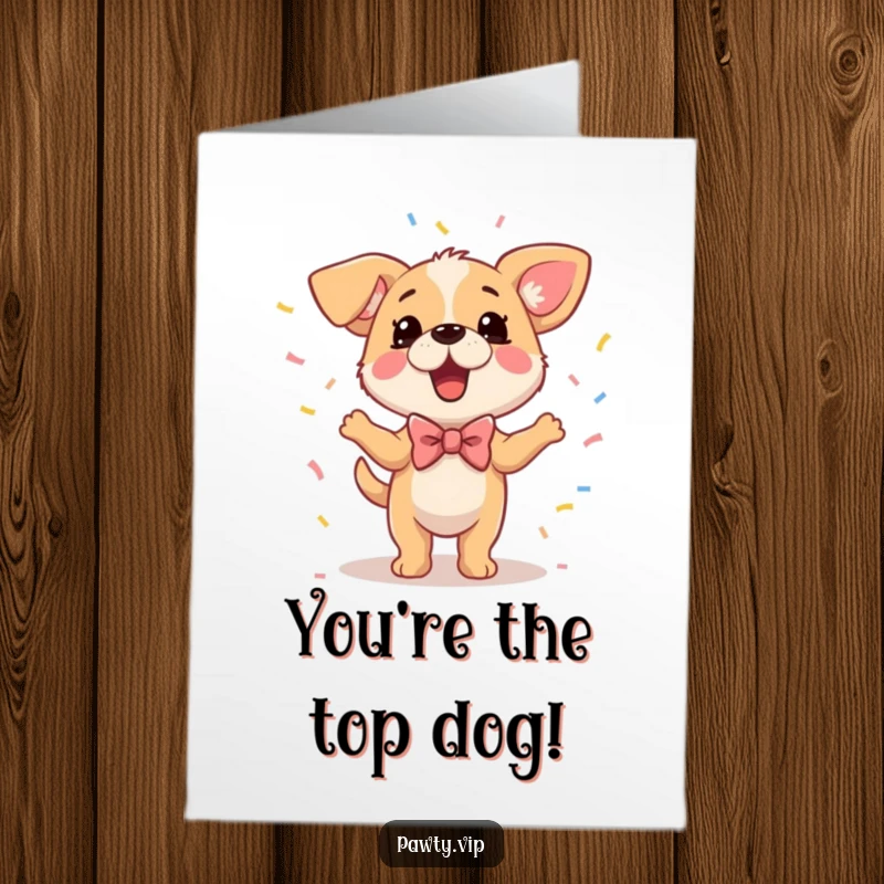 Funny Free Printable Congrats Card: A dapper dog in a bowtie dances with excitement surrounded by confetti, celebrating big wins.