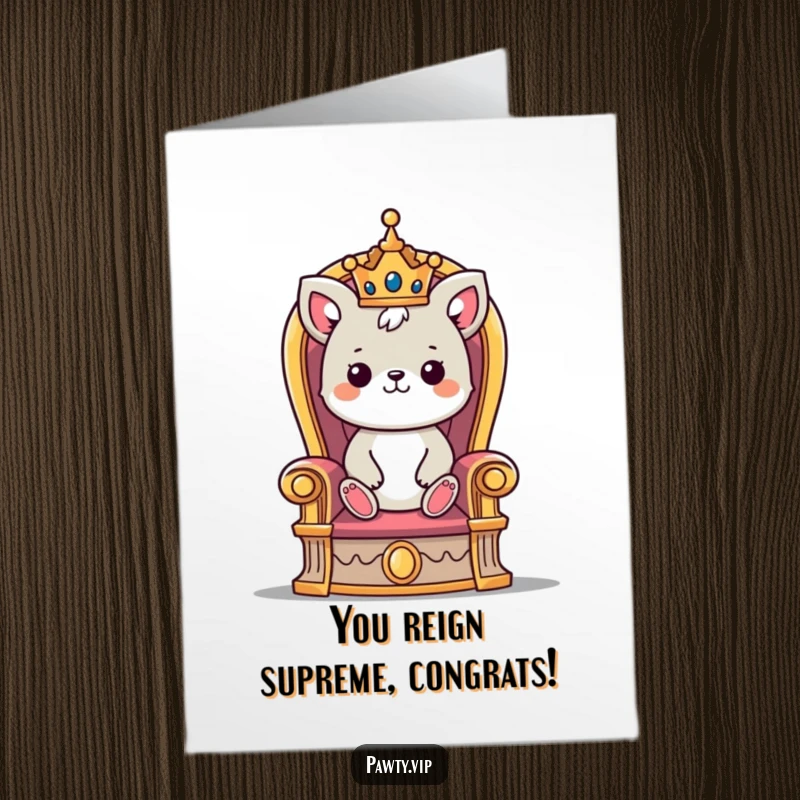 Funny Free Printable Congratulations Card: Cute crowned animal king on a throne, exuding majestic pride for an accomplishment.