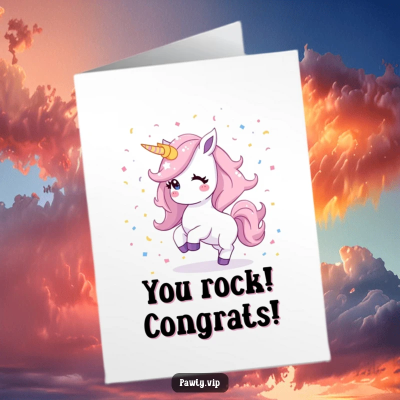 Funny Free Printable Congrats Card: Kawaii unicorn with shimmering mane dances joyfully amidst confetti, celebrating success.