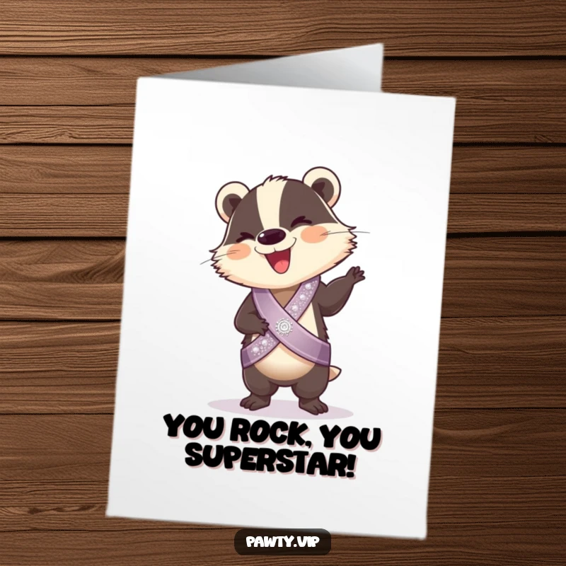 Funny Free Printable Congratulations Card: Giggling badger in sparkly sash busts out a silly, celebratory dance.
