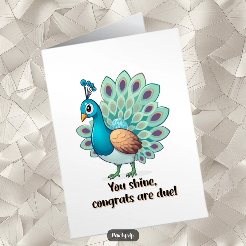 Funny Free Printable Congratulations Card with a glamorous peacock showing off its sparkling, fanned tail feathers.