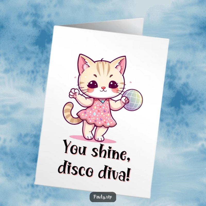 Funny Free Printable Disco Cat Congratulations Card: Cat in a sequined dress dancing with a disco ball, celebrating success. Downloadable art.