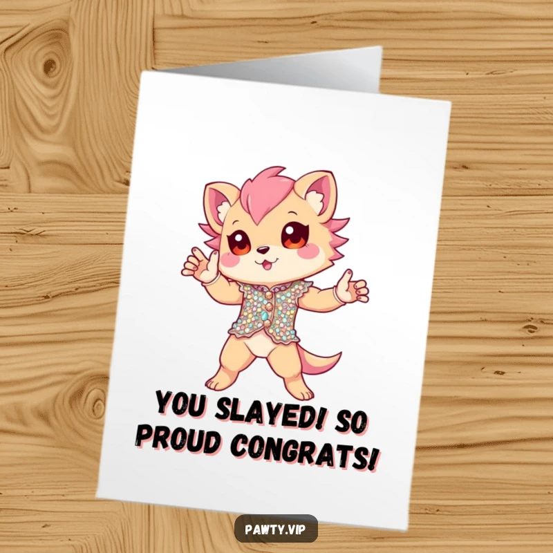 Funny Free Printable Congratulations Card: Sequin creature striking a confident, dramatic pose, celebrating success with pizzazz.