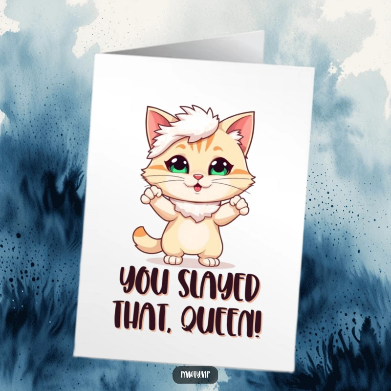 Funny Free Printable Congrats Card: Chic cat in a feather boa celebrating a major win with dramatic flair.