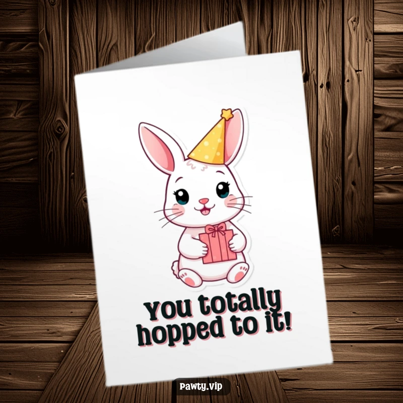 Funny Free Printable Congratulations Card: Rabbit in party hat holds a gift, celebrating success with humor. A downloadable design.