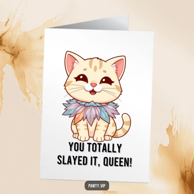 Funny free printable congratulations card showcasing a giggling cat draped in a fabulous feather boa, ready to celebrate.