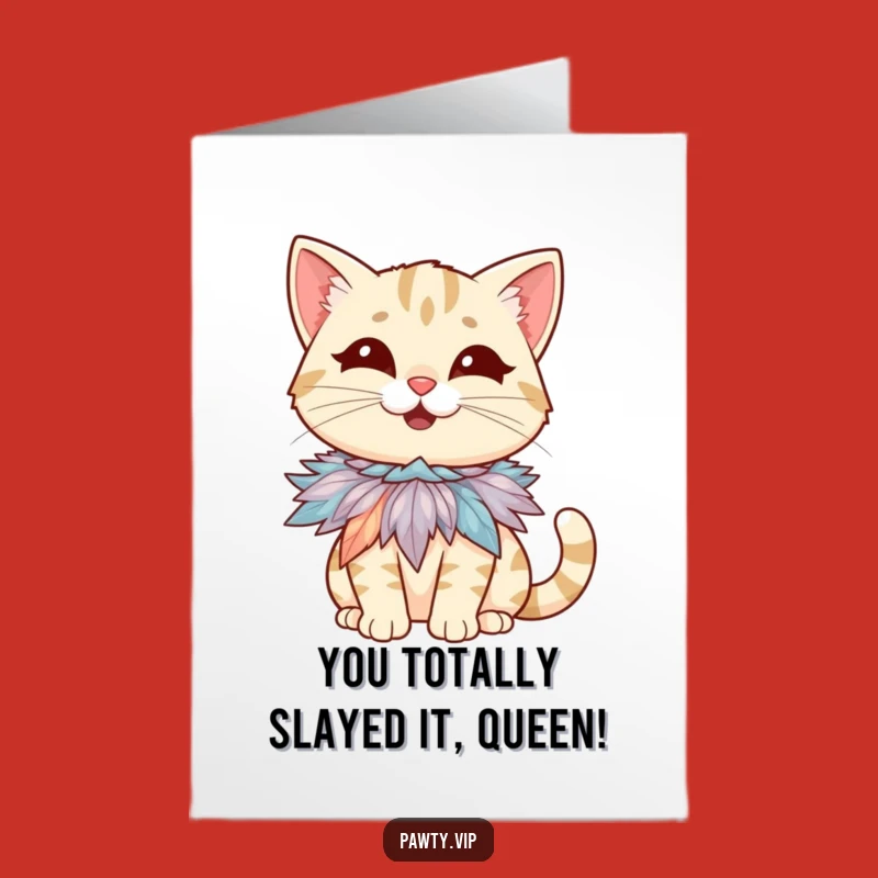 Free Printable Congrats Card: Giggling Cat w/ Feather Boa, Funny Downloadable Gift