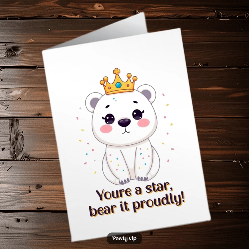 Funny Free Printable Congratulations Card: Dazzling polar bear with crown and confetti, celebrating success.