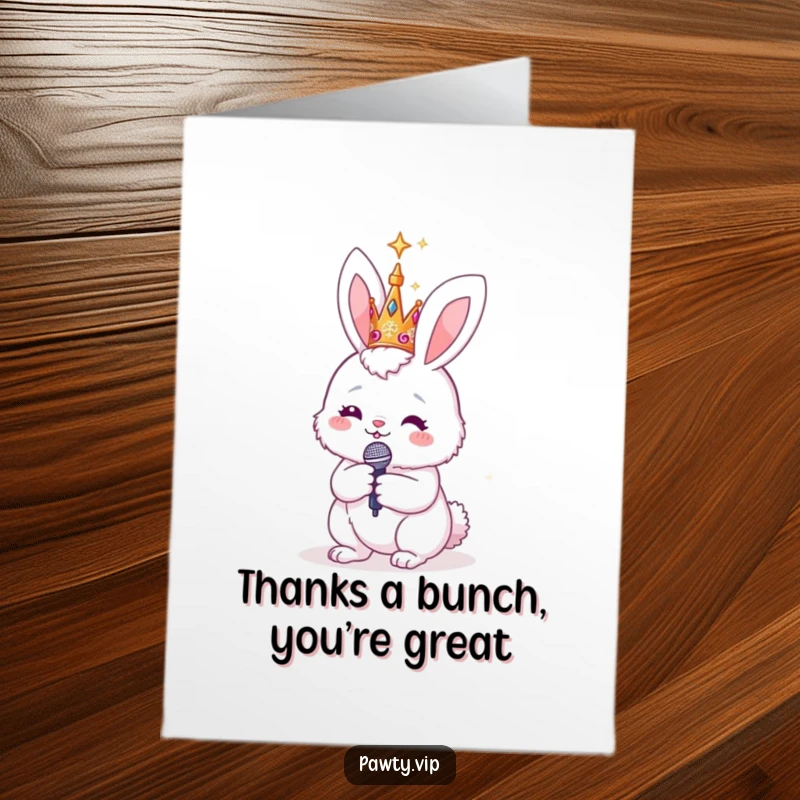 Funny Free Printable Thank You Card: A fluffy bunny in a crown holds a microphone, ready to sing its thanks.