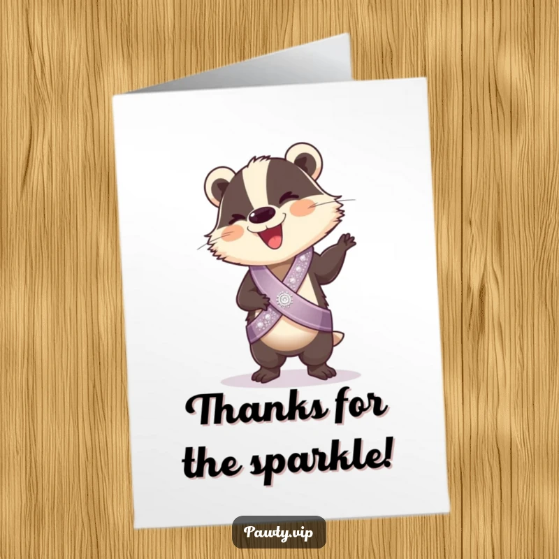Funny Free Printable Thank You Card: Giggling badger in a sparkly sash does a silly dance of thanks.