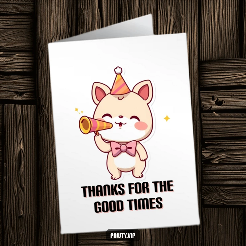 Funny Free Printable Thank You Card: Playful creature in a bowtie enthusiastically blowing a party horn, sending thanks with gusto.