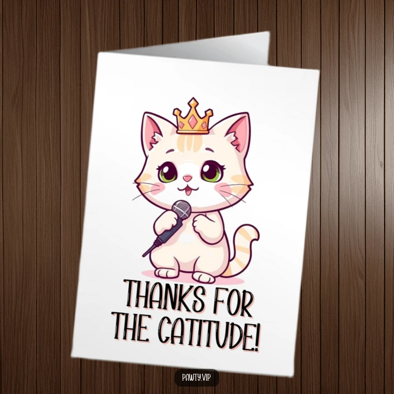 Funny Free Printable Thank You Card: A glittery-crowned cat holding a microphone sings a heartfelt thank you tune with feline flair.