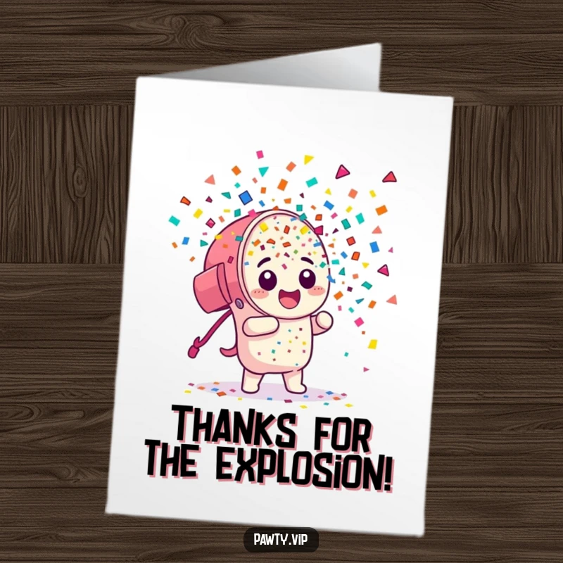 Funny Free Printable Thank You Card: Confetti cannon character joyfully erupting, sending colorful thanks and appreciation.