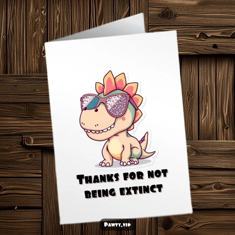 Funny Free Printable Thank You Card: A dinosaur sports oversized sequined sunglasses, expressing thanks with humorous style.