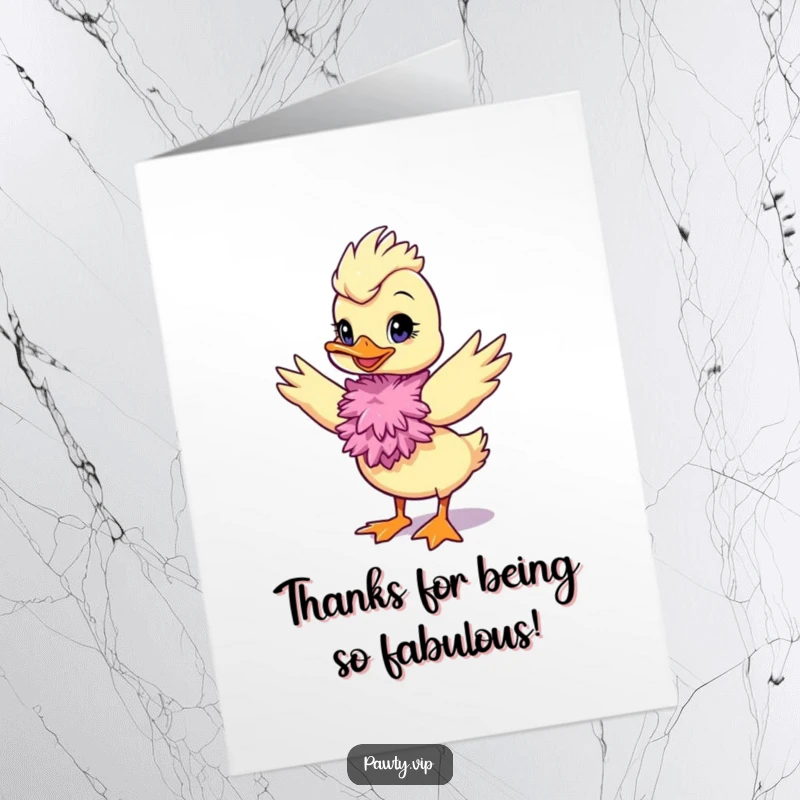 Funny Free Printable Thank You Card: Diva duck with feather boa strikes a pose, humorously expressing thanks. Downloadable design.