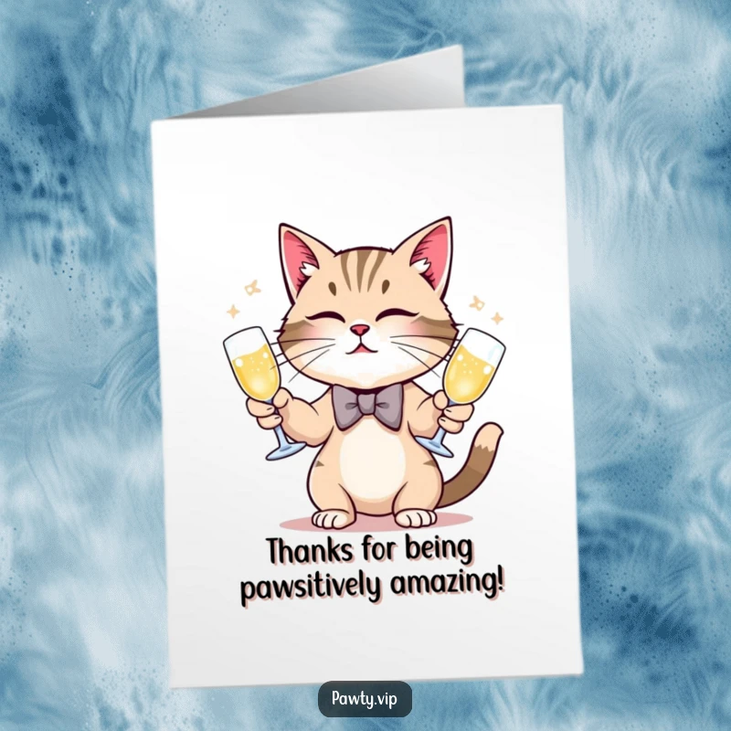 Funny Free Printable Thank You Card: Dapper cat in bow tie juggles champagne, charmingly saying thanks. A downloadable design.