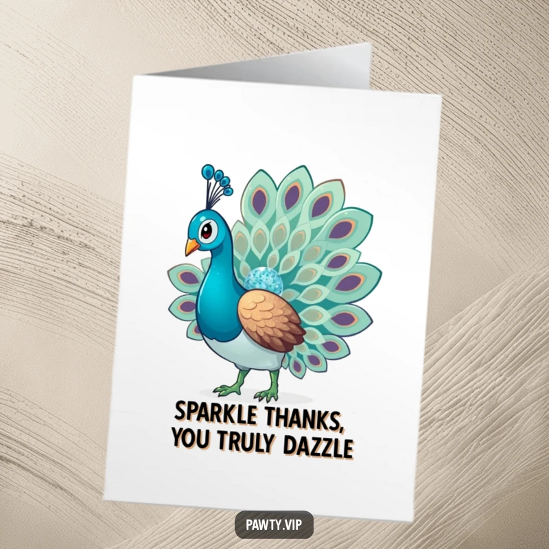 Funny Free Printable Thank You Card featuring a glamorous peacock displaying its sparkling, fanned tail feathers.