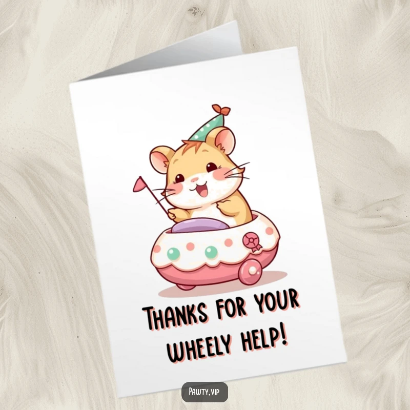 Funny Free Printable Thank You Card: Hamster on a decorated party float, conveying thanks with bubbly excitement.