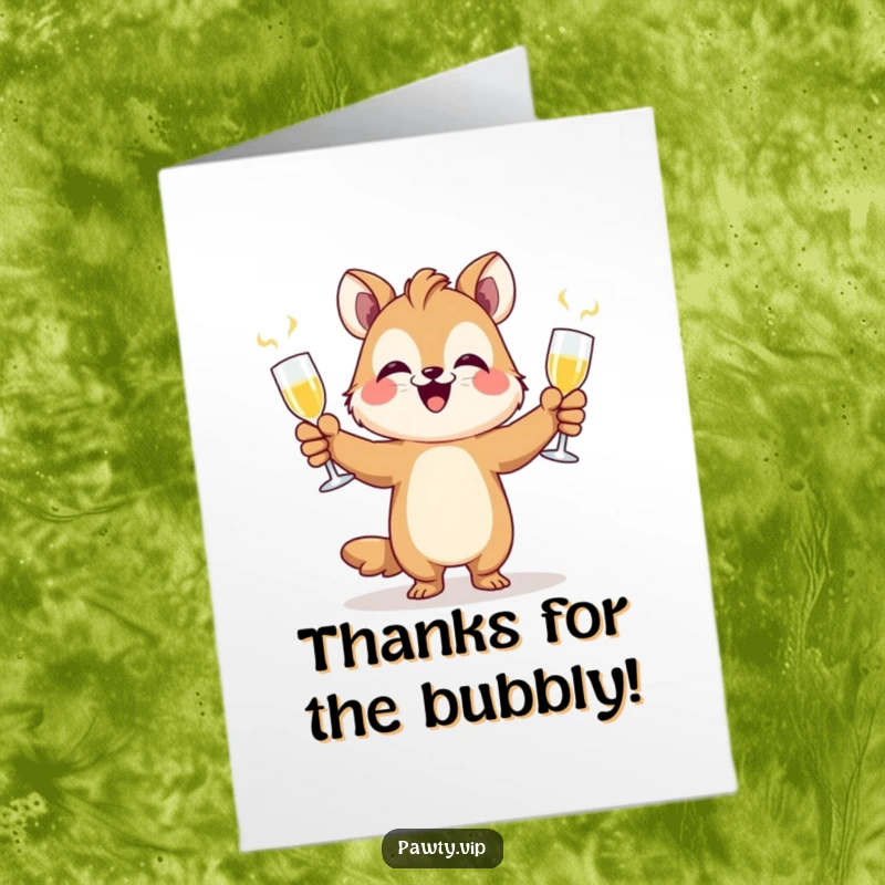 Funny free printable thank you card featuring a happy animal character juggling champagne flutes, offering thanks with style.
