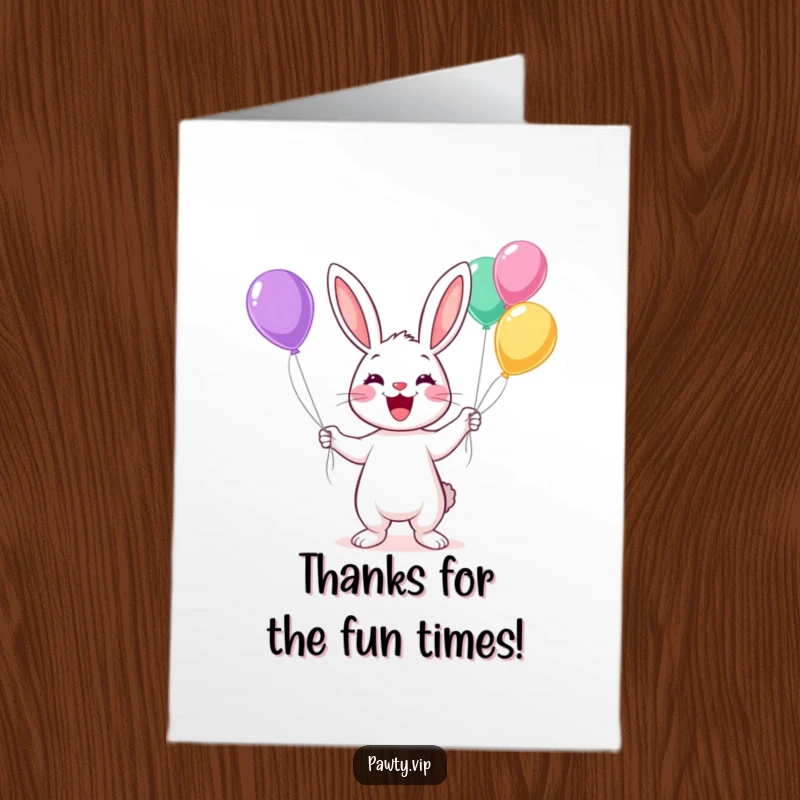 Funny Free Printable Thank You Card: A smiling Kawaii rabbit juggling colorful balloons, sending thanks.