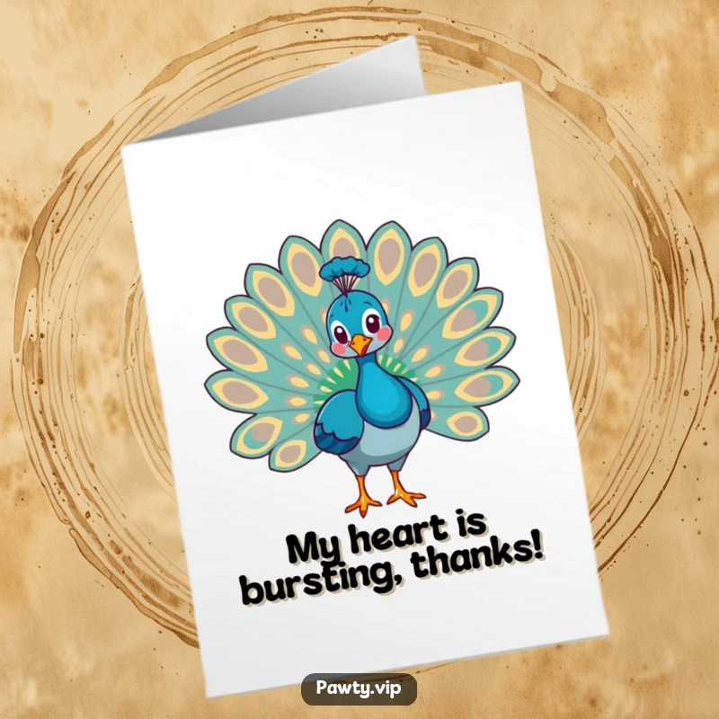 Funny free printable thank you card featuring a proud peacock fanning its tail feathers, conveying thanks with regal style.