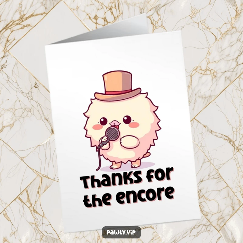 Funny Free Printable Thank You Card: Fluffy creature in a top hat holding a microphone, singing a thank you tune.