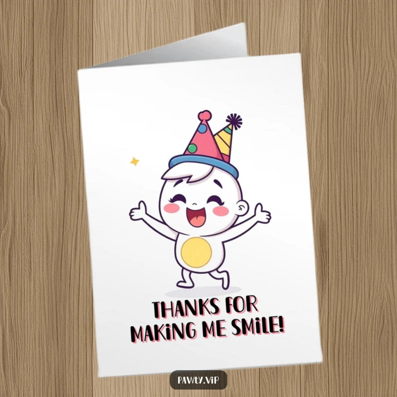 Funny free printable thank you card of a happy character in a party hat dancing energetically.