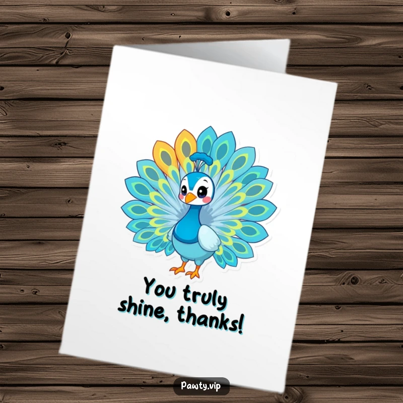 Funny Free Printable Thank You Card featuring a proud peacock showcasing its colorful feathers, expressing deep and vibrant thanks.