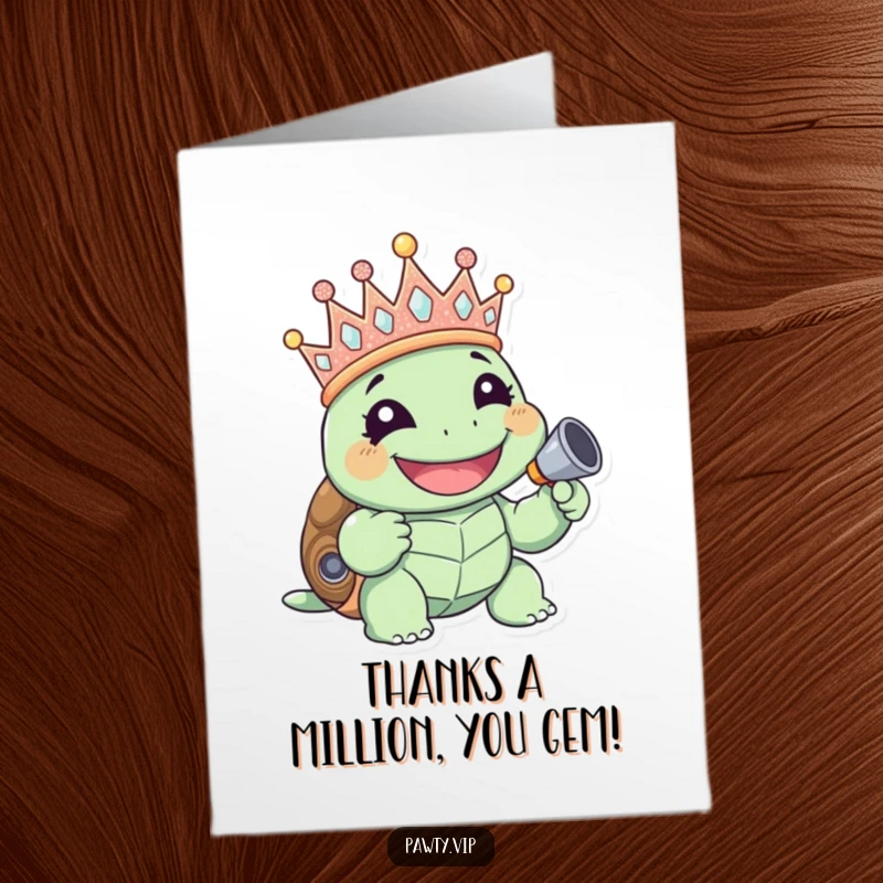 Giggling turtle in a glitter crown, holding a noisemaker, saying thank you, free printable.