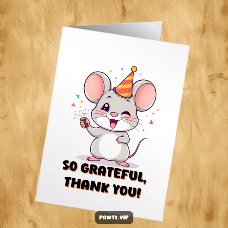 Funny Free Printable Thank You Card featuring a cheerful mouse with a party popper releasing confetti, conveying heartfelt thanks.