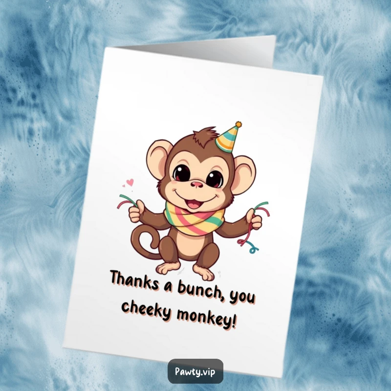 Mischievous monkey with a streamer scarf, sending a funny, heartfelt thank you, free printable greeting card.