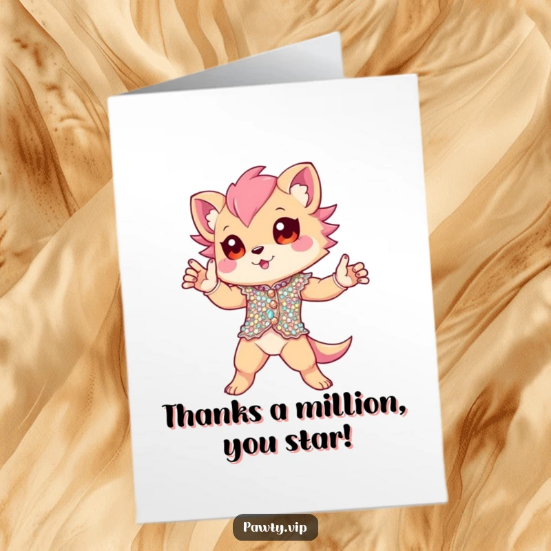 Funny Free Printable Thank You Card: Sequin creature striking a bold, dramatic pose to show profound appreciation.