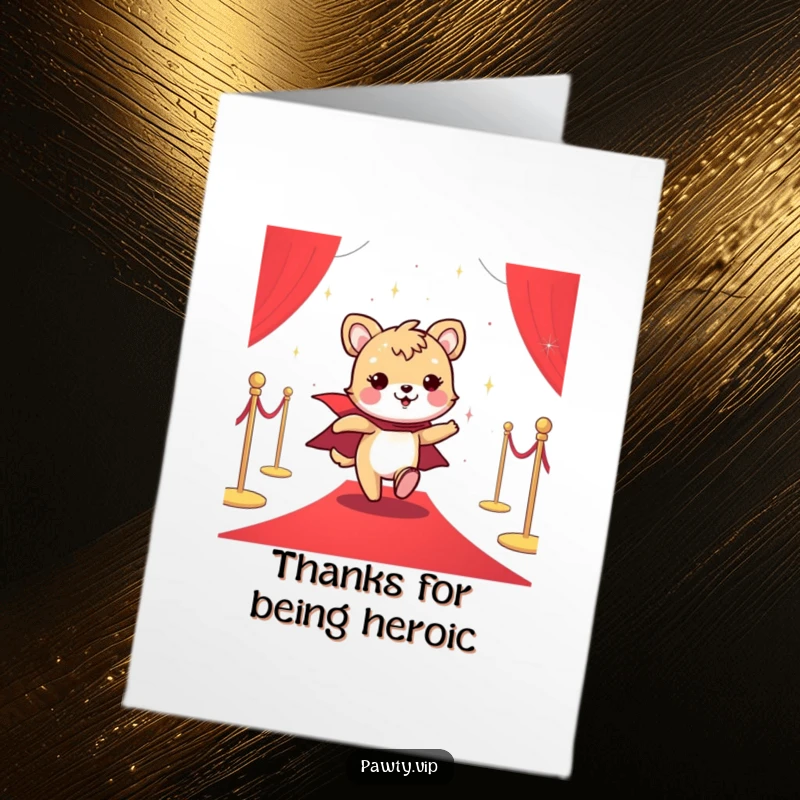 Funny Free Printable Thank You Card: Cheerful animal in a sparkly cape dashing on a red carpet, offering thanks like a star.