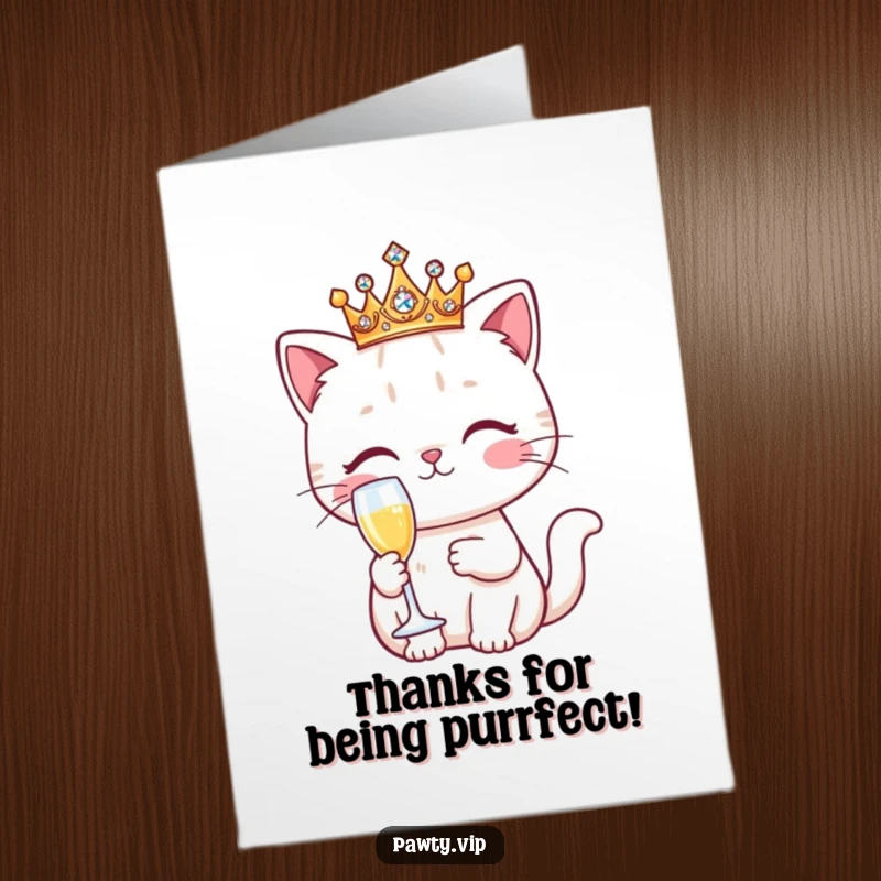 Funny Free Printable Thank You Card featuring a regal kawaii cat with a crown, toasting with champagne to express sincere thanks.