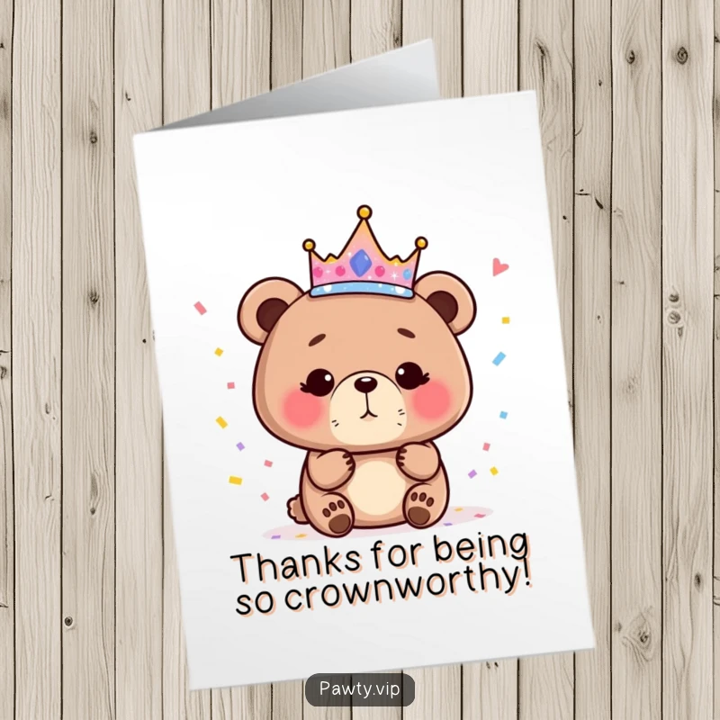 Funny Free Printable Thank You Card: Cute bear with crown blows confetti, expressing thanks humorously. A downloadable design.