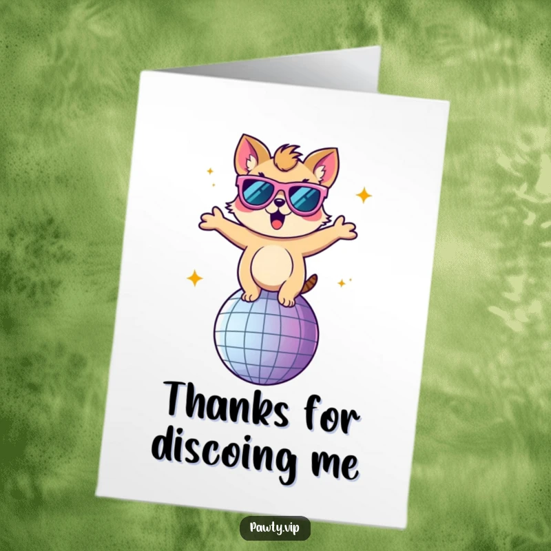 Funny Free Printable Thank You Card: Animal in oversized sunglasses energetically dancing on a disco ball, sending groovy thanks.