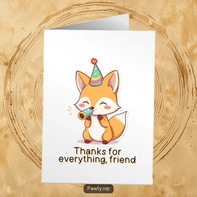 Funny Free Printable thank you card: a fox in a party hat blows a noisemaker to express cheerful and loud gratitude.