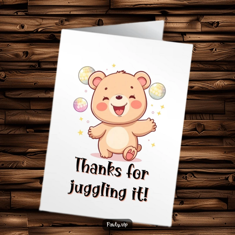 Funny Free Printable Thank You Card: A kawaii bear grins while juggling dazzling disco balls, sending thanks energetically.