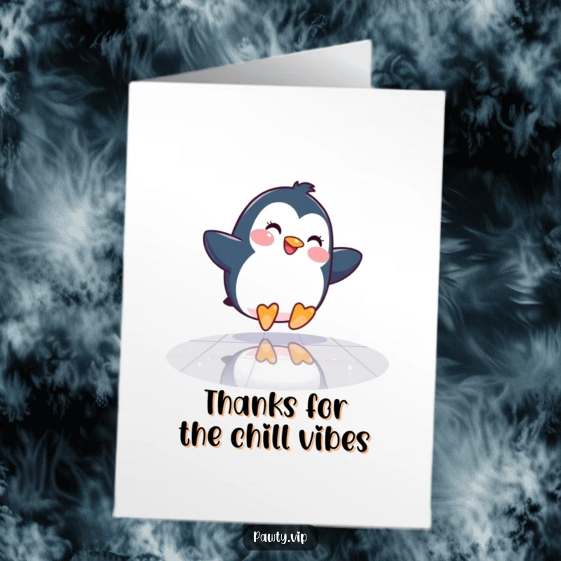 Funny Free Printable Thank You Card: A happy penguin slides with style on a mirrored dance floor, offering thanks.