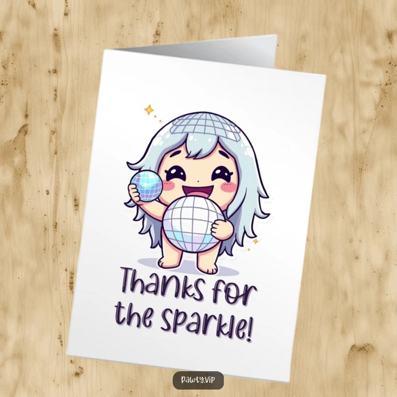 Funny Free Printable Thank You Card featuring a cheerful character holding a glittering disco ball, sending thanks with a smile.