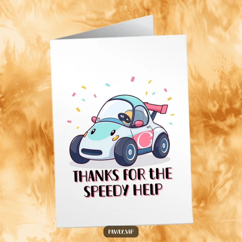 Funny Free Printable Thank You Card: A happy race car zooms with confetti streamers, expressing thanks with speedy enthusiasm.