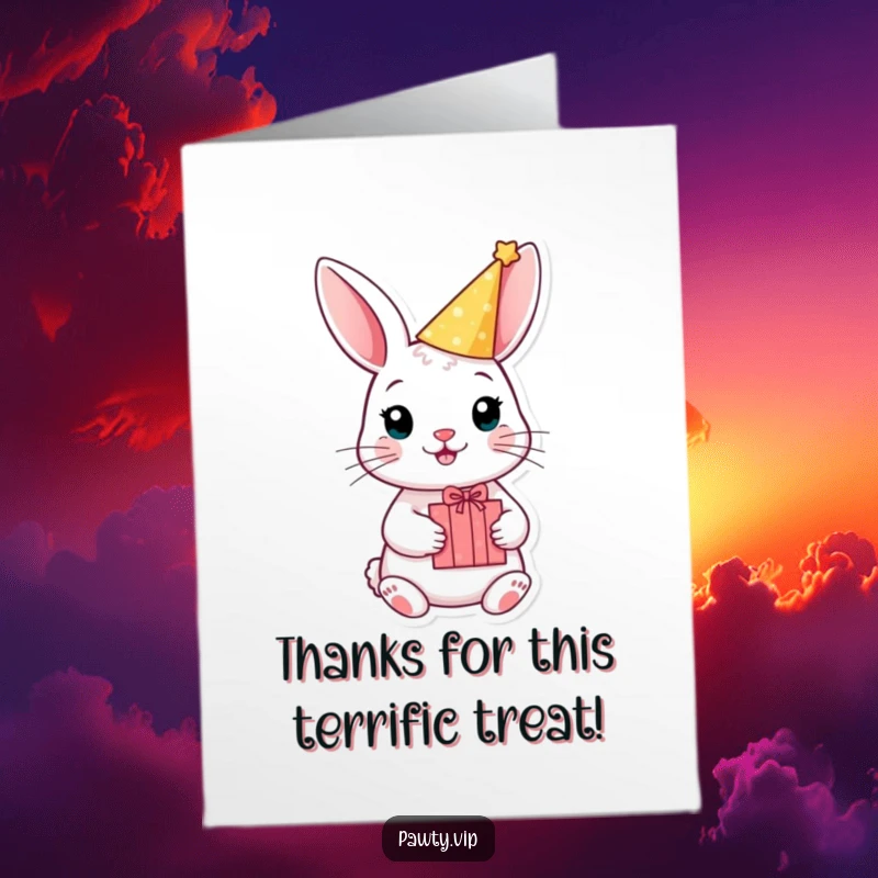 Funny Free Printable Thank You Card: Rabbit in party hat offers a gift, humorously expressing thanks. A downloadable design.