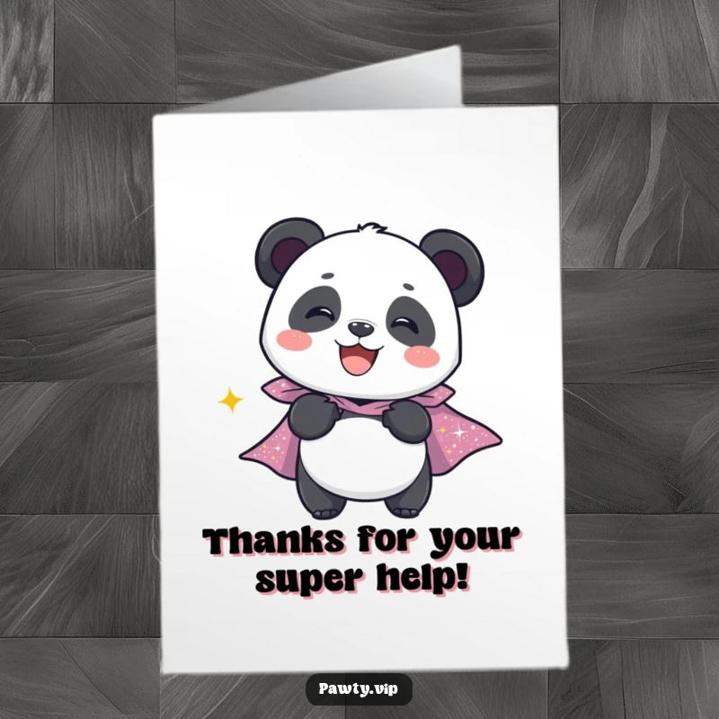 Funny Free Printable Thank You Card: A panda character giggles with joy, showing off a shiny sparkly cape.