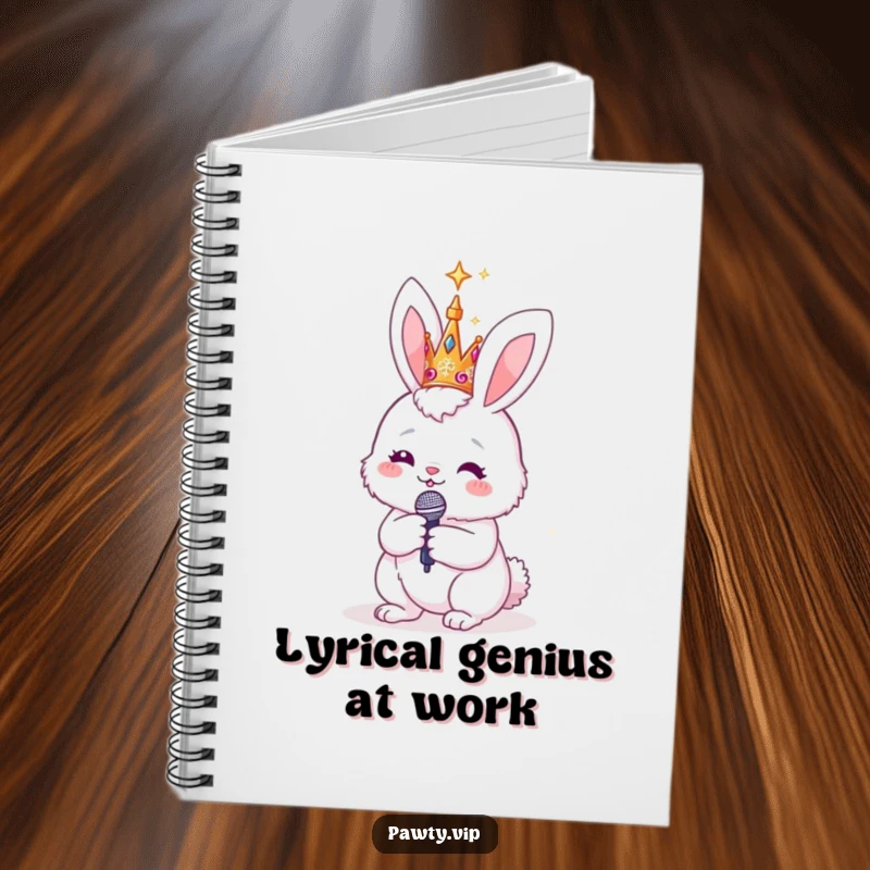 Funny fluffy bunny with a sparkly crown and microphone, on a notebook, designed to inspire songwriting, journaling, and creative expression.