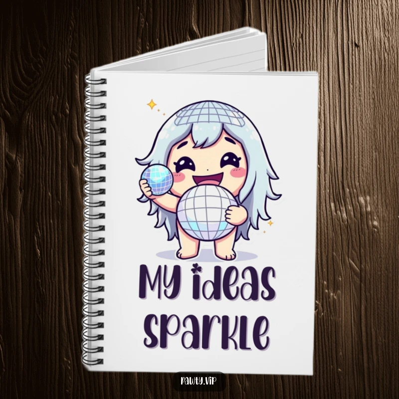 Funny notebook cover featuring a cheerful character holding a sparkling disco ball, inspiring fun and bright ideas.