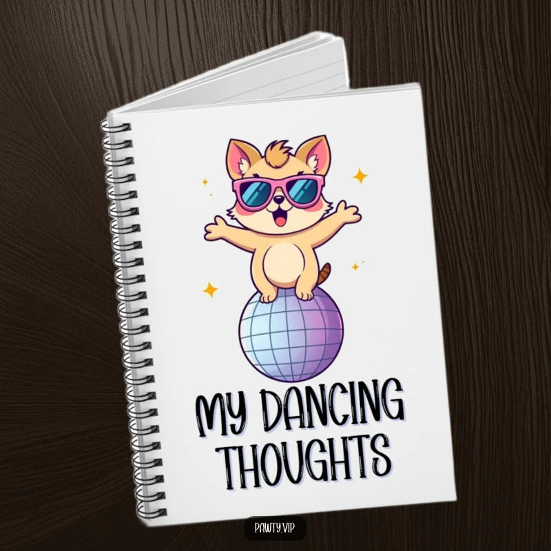 Funny notebook with an animal character in oversized sunglasses, dancing on a disco ball, ready for notes.