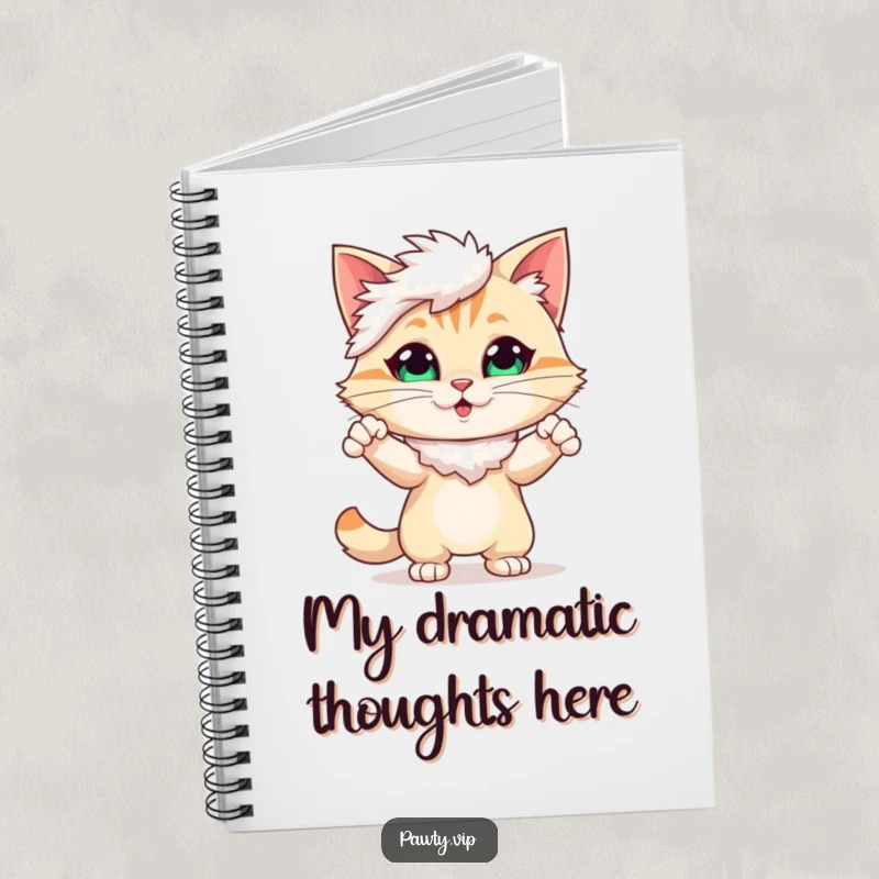 Funny Notebook with a cute cat character wearing a feather boa and striking a fabulous, attention-grabbing pose.
