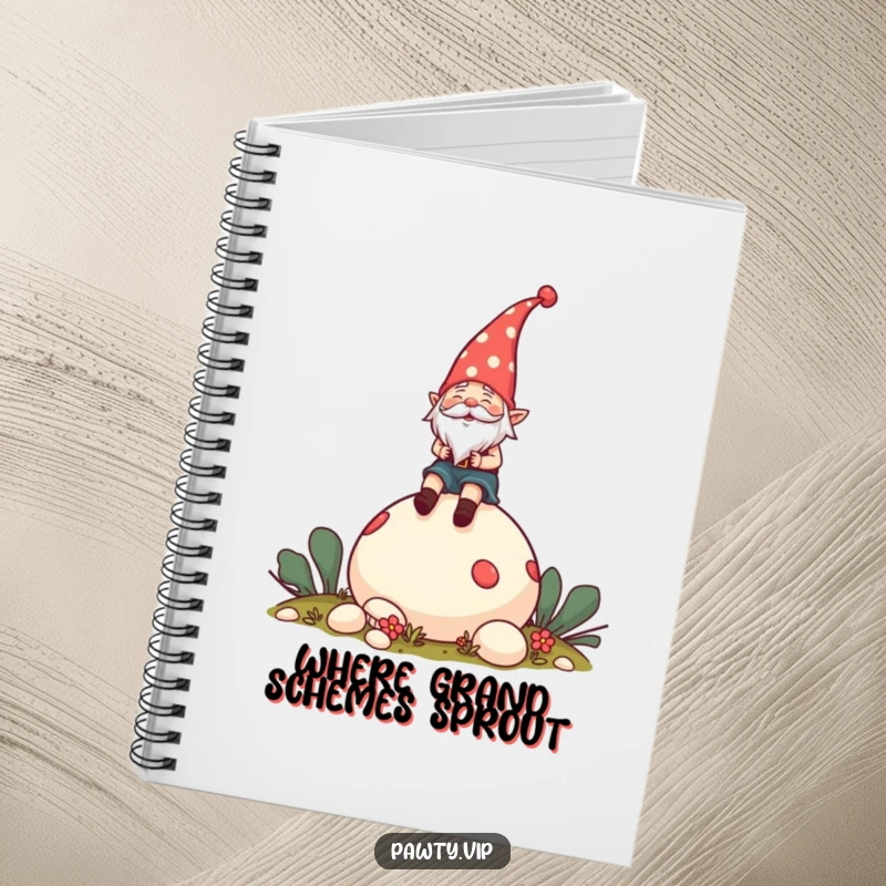 Funny Notebook with a cheerful gnome wearing a party hat, riding a giant mushroom, inspiring imagination.