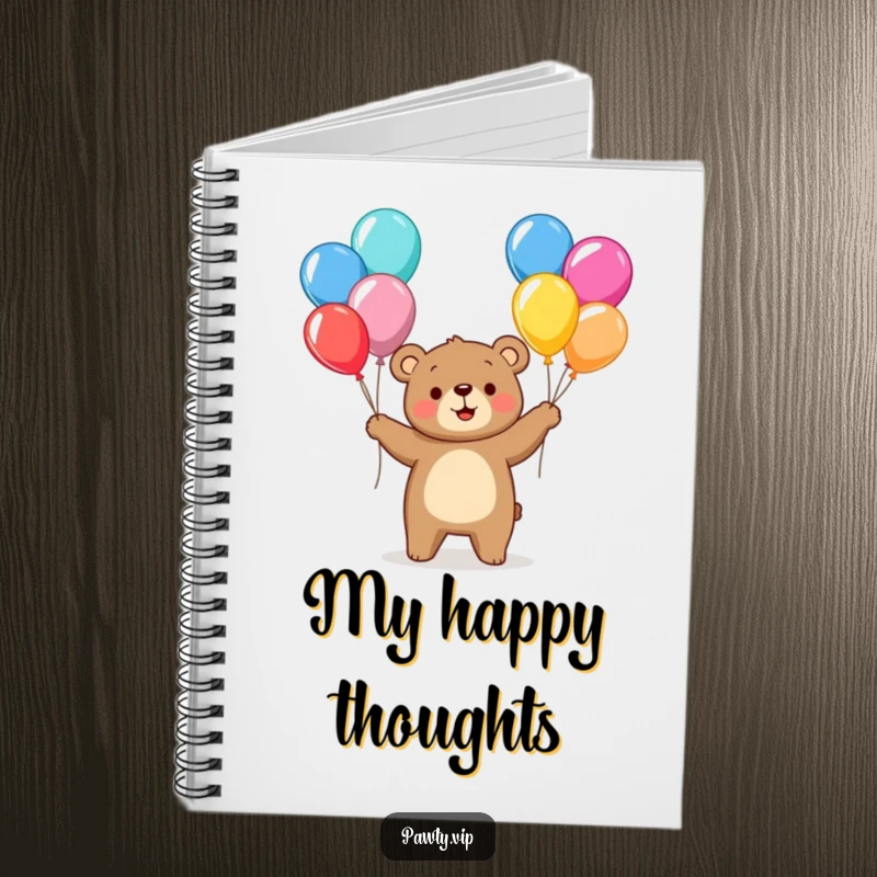 Funny bear character juggling colorful balloons on a notebook cover, inspiring joyful creativity and note-taking.