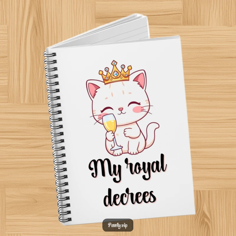 Funny Kawaii cat character wearing a sparkling crown, holding a champagne flute, printed on the cover of a delightful notebook.